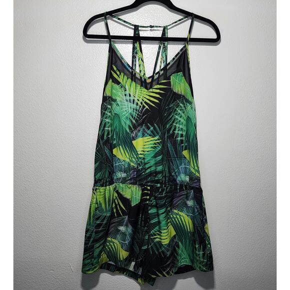 Fabletics Dash Romper Tropical Rainforest Strappy Mesh Palm Leaf Print - Picture 2 of 9